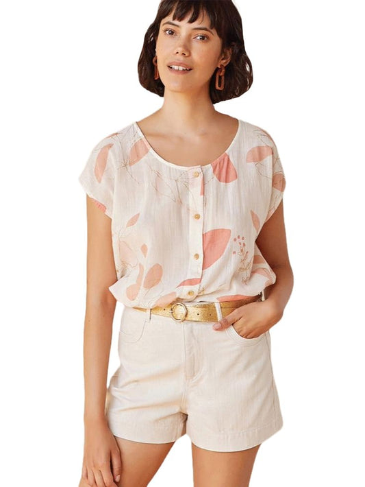 Gosriki WomenS Short Sleeve Shirt Vintage Round Neck Cotton Blend Printed Regular Buttons Top (Catina Cream-Gs_L_Cream_Large)
