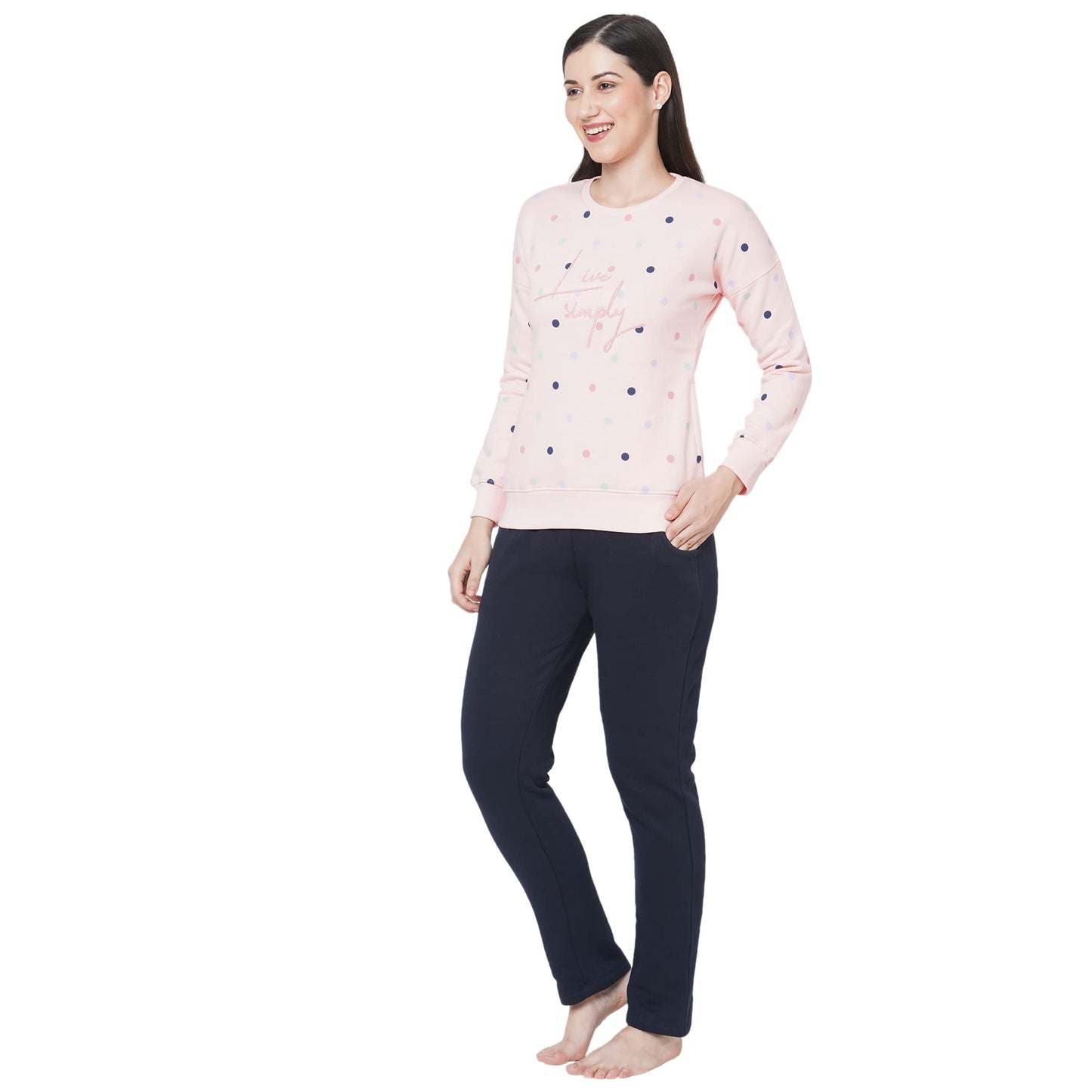 Sweet Dreams Women Printed Long Sleeves Round Neck Pink Fleece Winter Tracksuit