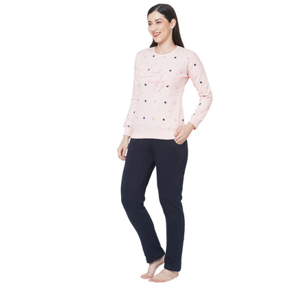 Sweet Dreams Women Printed Long Sleeves Round Neck Pink Fleece Winter Tracksuit