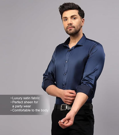 Deelmo Combo Of MenS Stylish Solid Satin Casual Shirt For Men Full Sleeves| Poly Satin Silk Shirt Pack Of 2 Navy-Sky