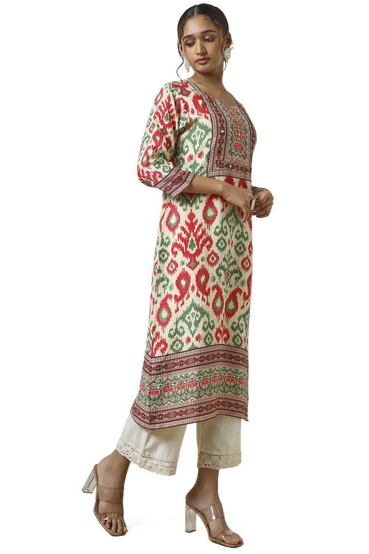 Soch Womens Cream Linen Blend Abstract Print Kurta with Mirror Work