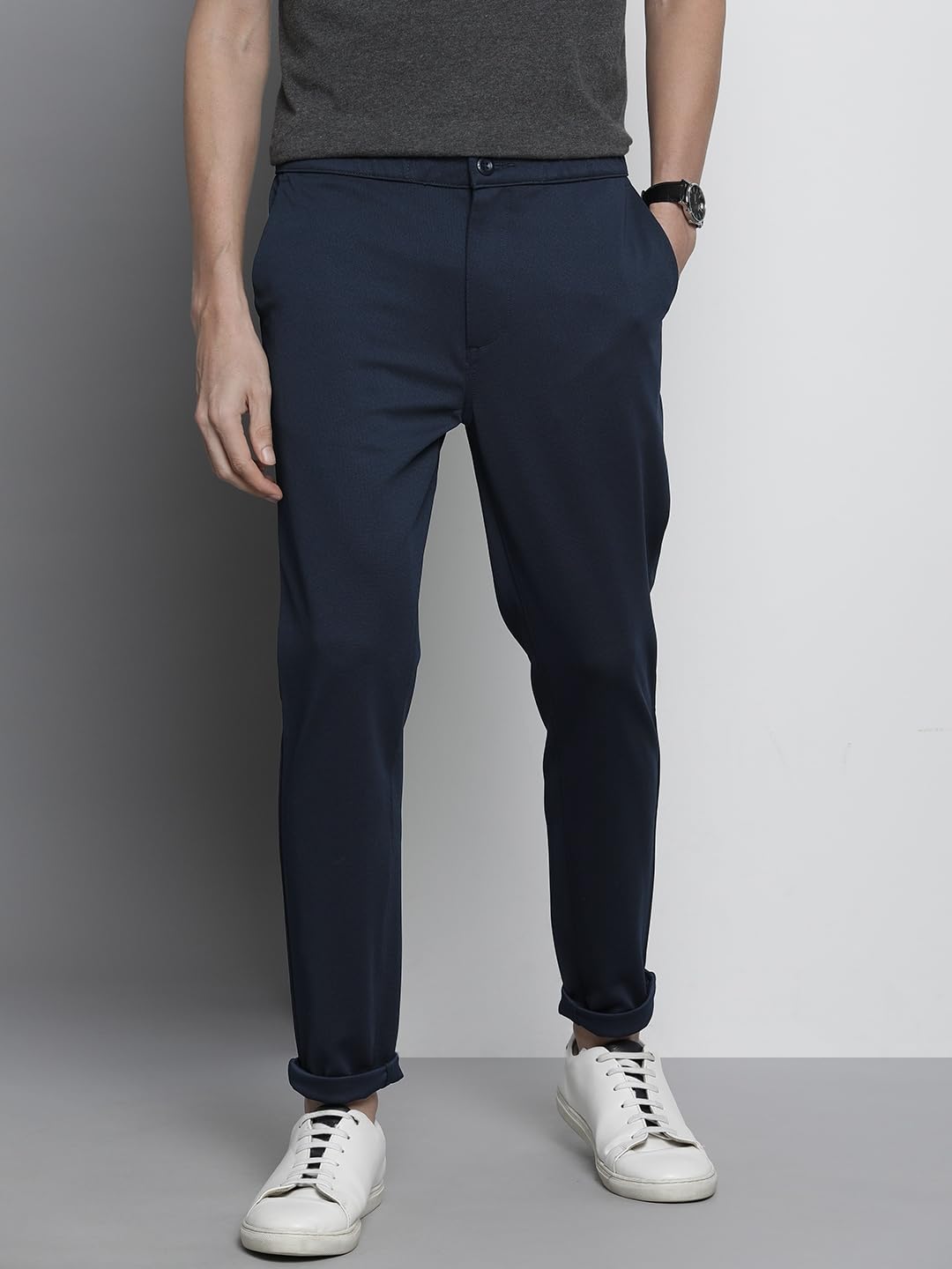The Indian Garage Co Men Slim Fit Solid Mid-Rise Stretchable Knitted Jogger Trousers Navy Blue