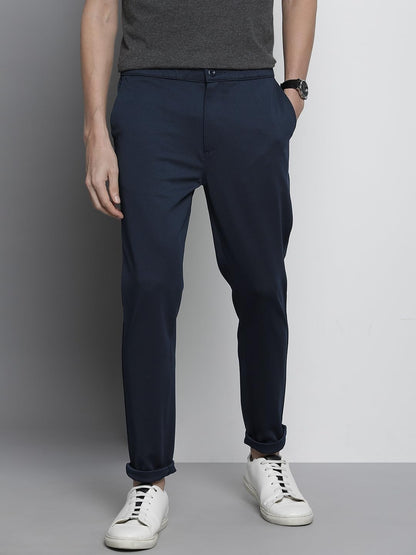 The Indian Garage Co Men Slim Fit Solid Mid-Rise Stretchable Knitted Jogger Trousers Navy Blue