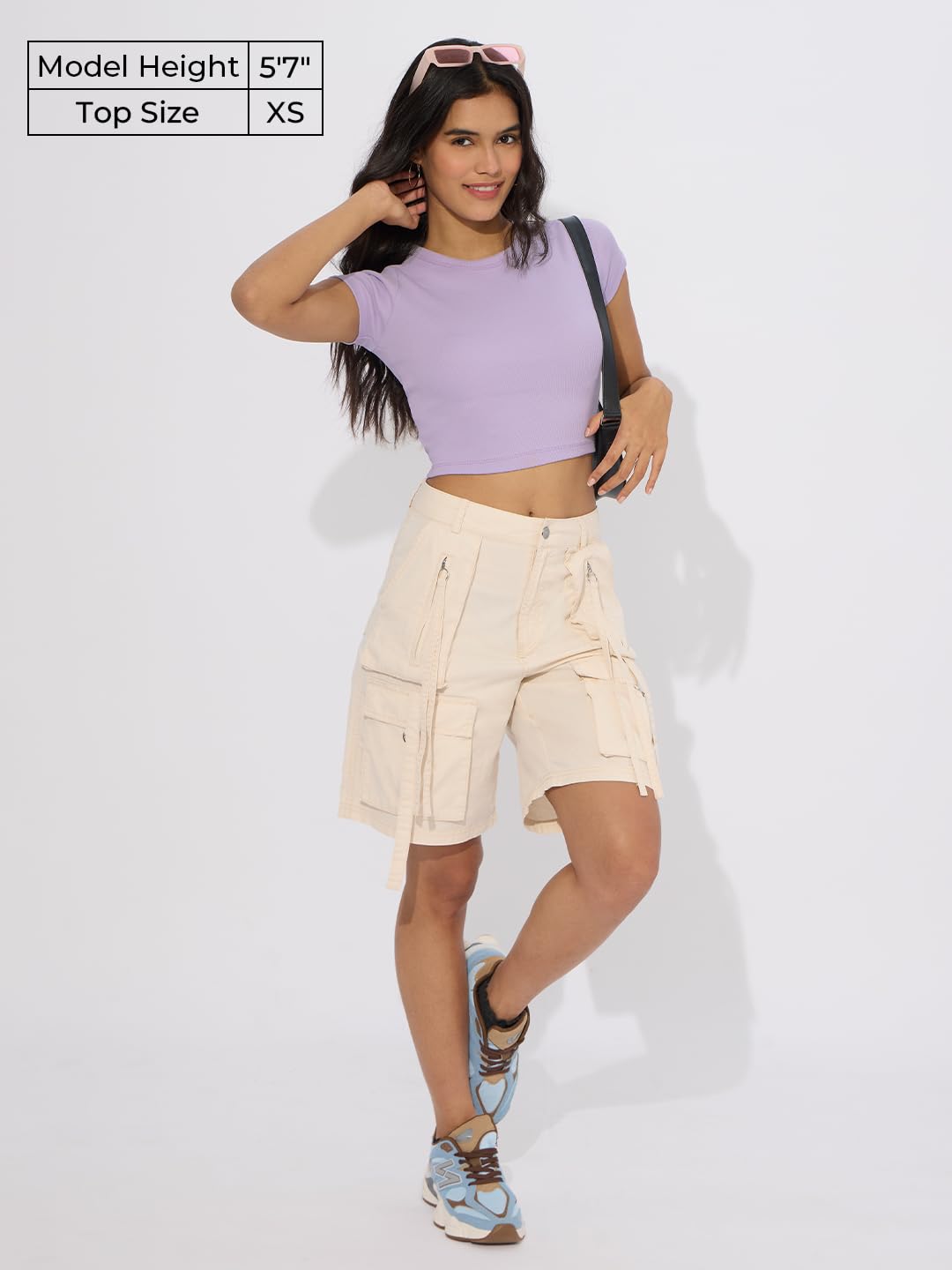 The Souled Store Solids: Lavender Women and Girls Short Sleeves Round Neck Cotton Blend Regular Fit Ribbed Cropped Tops