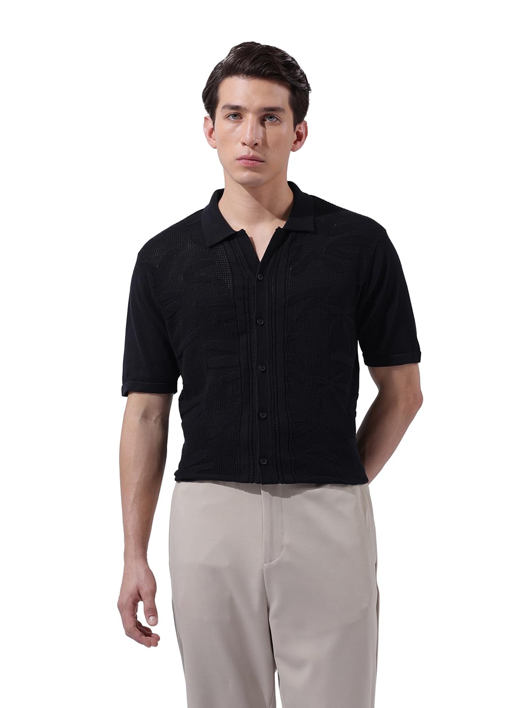 The Indian Garage Co Mens Slim Fit Textured Flatknit Half Sleeves Shirt