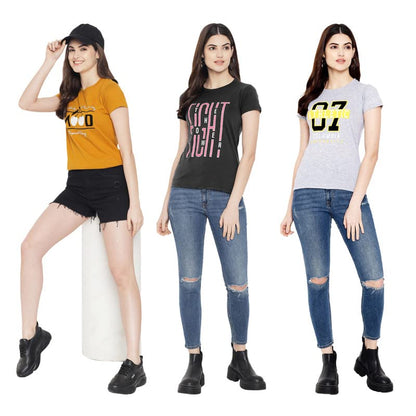 Preneum Womens Cotton Regular Fit Latest Graphic Stylish Printed Short Sleeves Casual T-Shirt || Trend & Styles (Pack 3), Yello