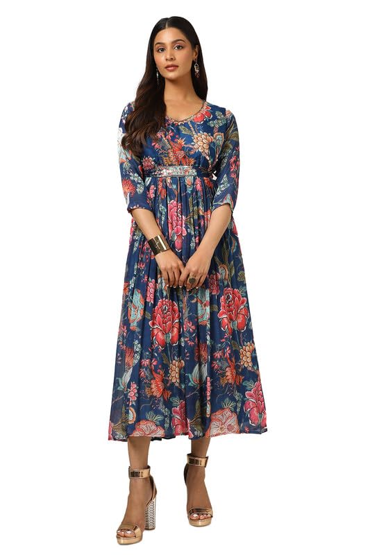 Soch Womens Navy Blue Chinon Floral Gathered Dress With Belt