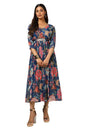Soch Womens Navy Blue Chinon Floral Gathered Dress With Belt