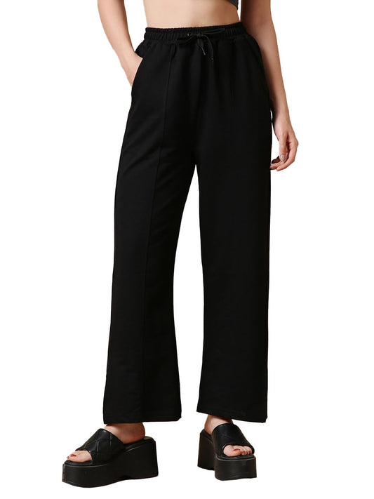 Bewakoof Womens Solid Relaxed Fit Track Mid Rise Pant_584744_Black_L