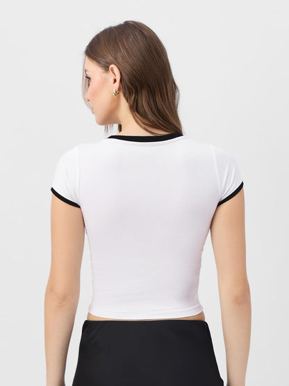 The Souled Store Official Emily in Paris: Parisian Chic Short Sleeve Round Neck Slim Fit Cropped Tops for Women and Girls - Tren