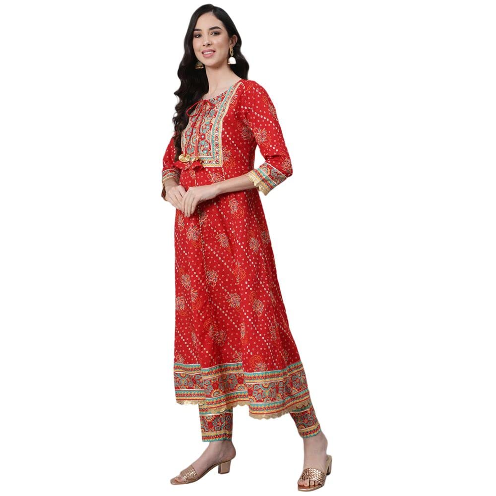 Anubhutee WomenS Cotton Red Gota Patti Ethnic Motifs Yoke Design Anarkali Kurta Suit Set With Churidar And Dupatta