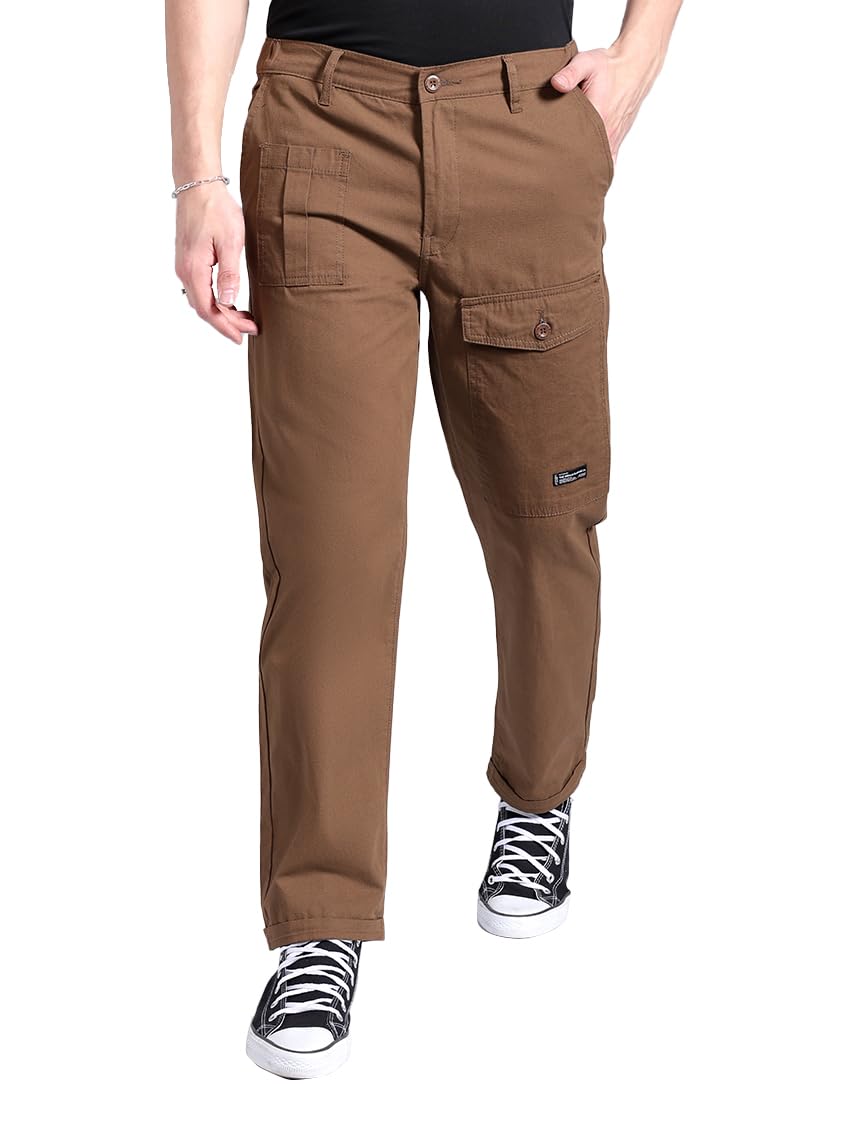 The Indian Garage Co Men Relaxed Fit Solid Mid-Rise Trousers Coffee Brown