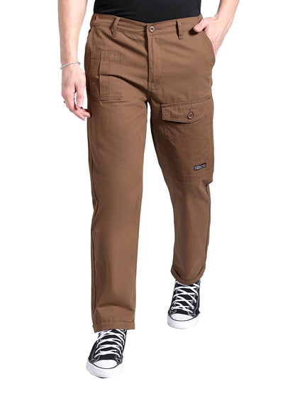 The Indian Garage Co Men Relaxed Fit Solid Mid-Rise Trousers Coffee Brown