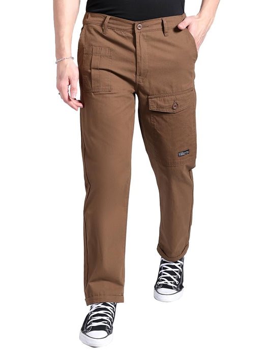 The Indian Garage Co Men Relaxed Fit Solid Mid-Rise Trousers Coffee Brown