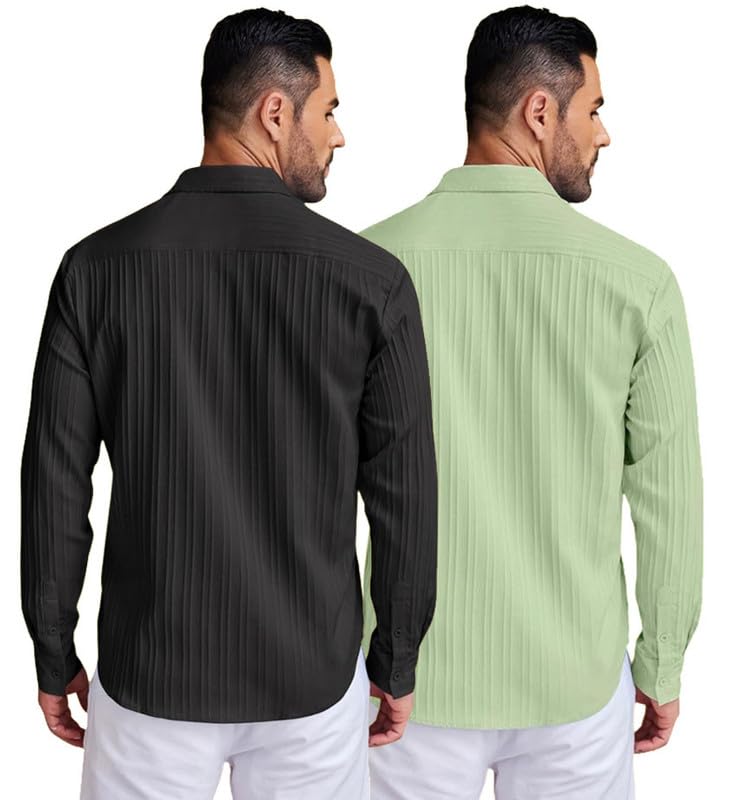 Deelmo Combo Of MenS Casual Button Down Shirts Long Sleeve Linen Shirt Fashion Textured Summer Shirts Pack Of 2