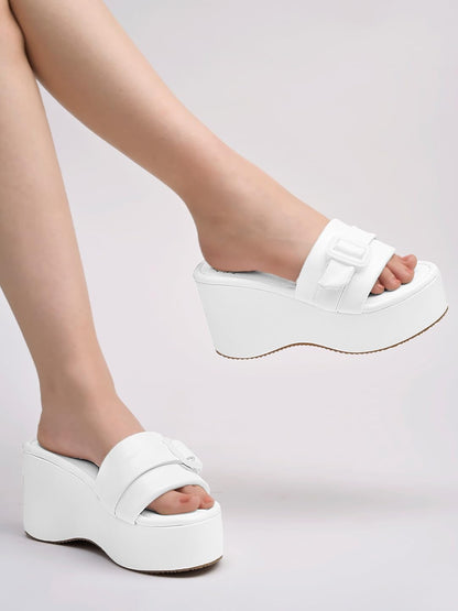Shoetopia WomenS White Platform Slip-On Sandals  Chunky Wedge Slides With Buckle Strap Stylish Comfortable, Durable Perfect For