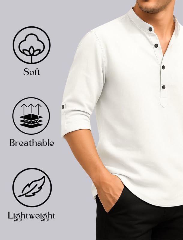 Deelmo MenS Cotton Blend Solid Regular Fit Full Sleeve Short Kurta | MenS Trendy Short Kurta White