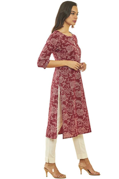 Soch Womens Cotton Floral Print Straight Kurta with Gota Patti Details