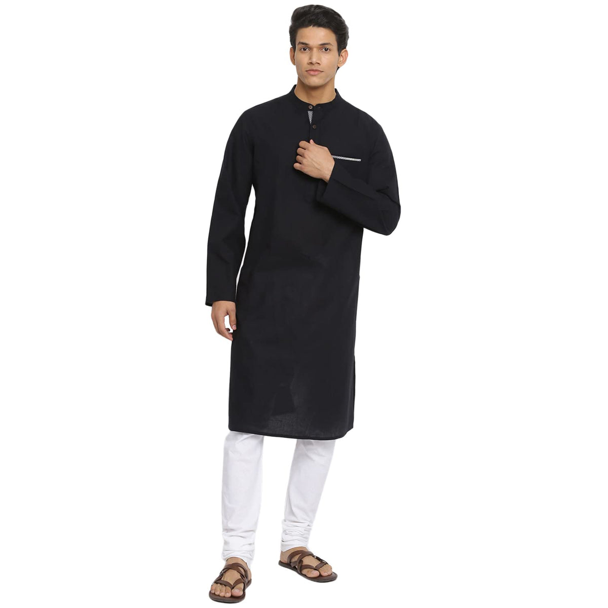 Fabindia Men Trim Chinese Collar Cotton Long Kurta Contrast_L Black