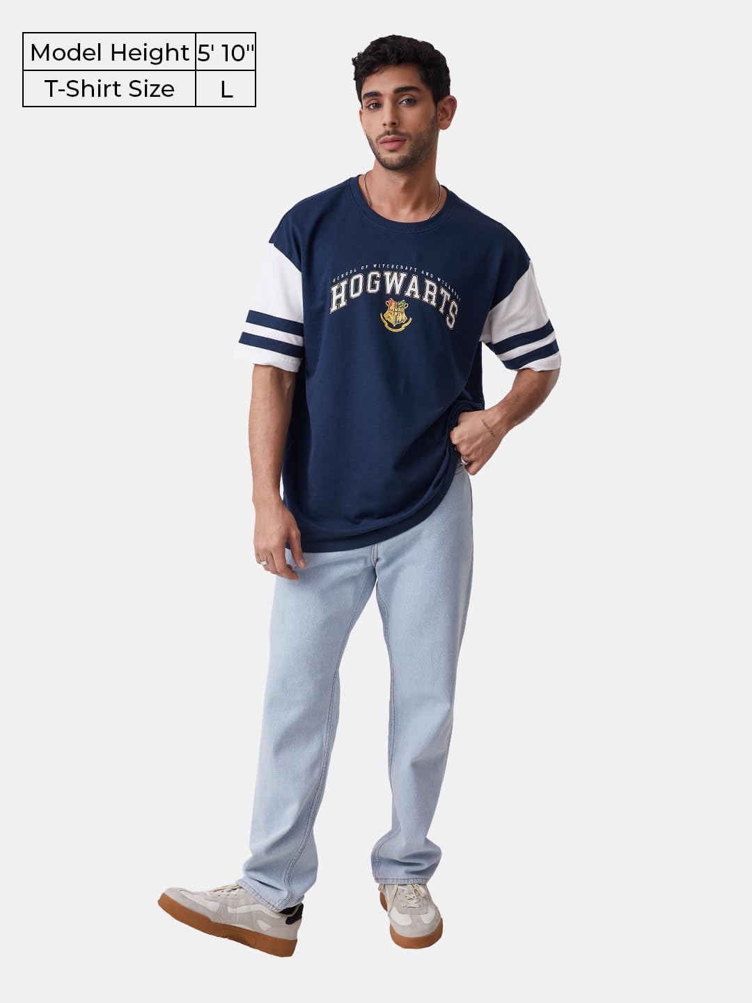 The Souled StoreOfficial Harry Potter: Nice Navy Polyester Navy Blue and White Oversized T Shirts for Men Baggy Off-Shoulder Loo