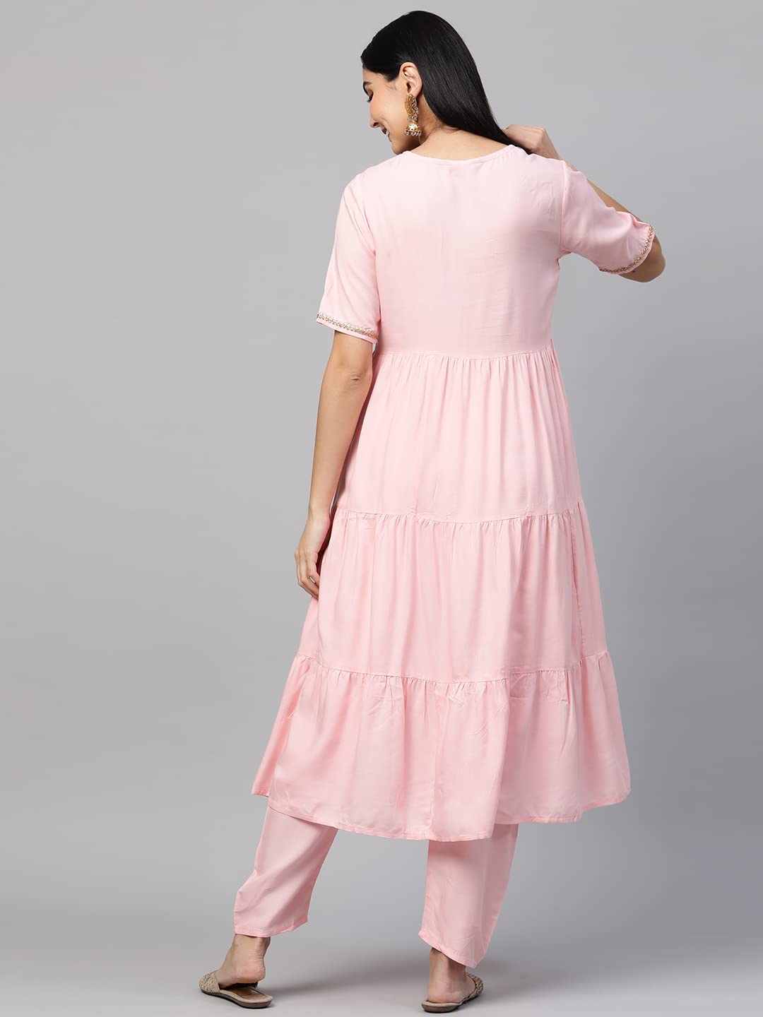 ANNI DESIGNER Women's Cotton Anarkali Kurta with Pant (KRUSHA Pink)