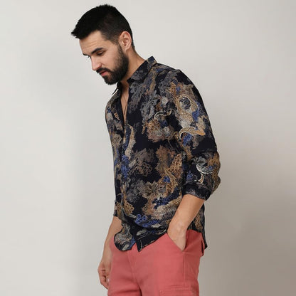 Campus Sutra Mens Royal Blue & Midnight Black Paisley Flora Shirt for Casual Wear | Spread Collar | Long Sleeve | Button Closur