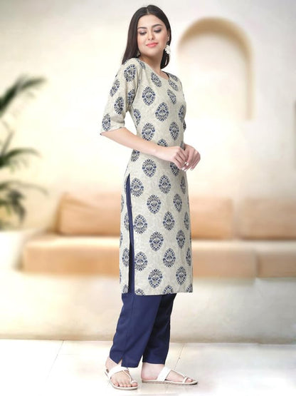 Pinkmint Straight Printed Kurti Party WERA Kurti Kurta Pant Set (Pack of 2) Blue-Orange