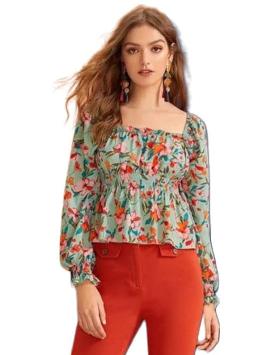 ANNI DESIGNER Womens Crepe Floral Printed Full Puff Sleeves Square Neck Top (Indi Green_S_Green_Small)
