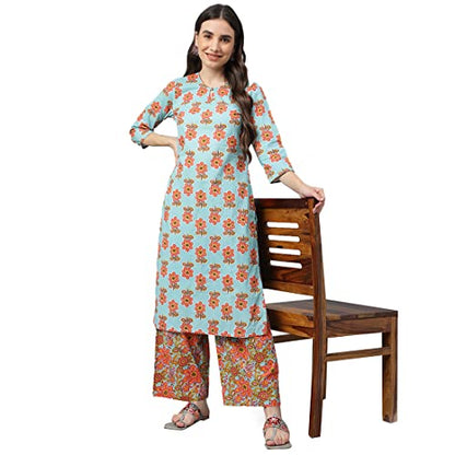 idaLia Turquoise Printed Cotton Kurta with Multicolor Printed Palazzo Pants
