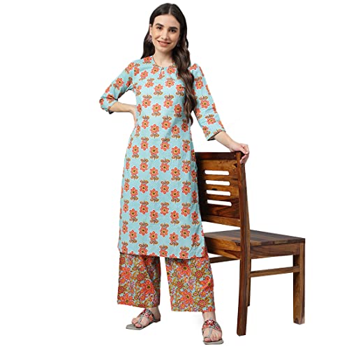 idaLia Turquoise Printed Cotton Kurta with Multicolor Printed Palazzo Pants