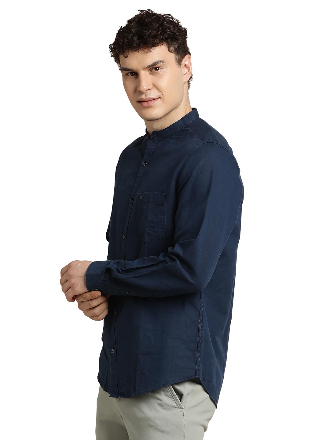 Turtle Men Slim Fit Solid Cotton Linen Blue Casual Shirt