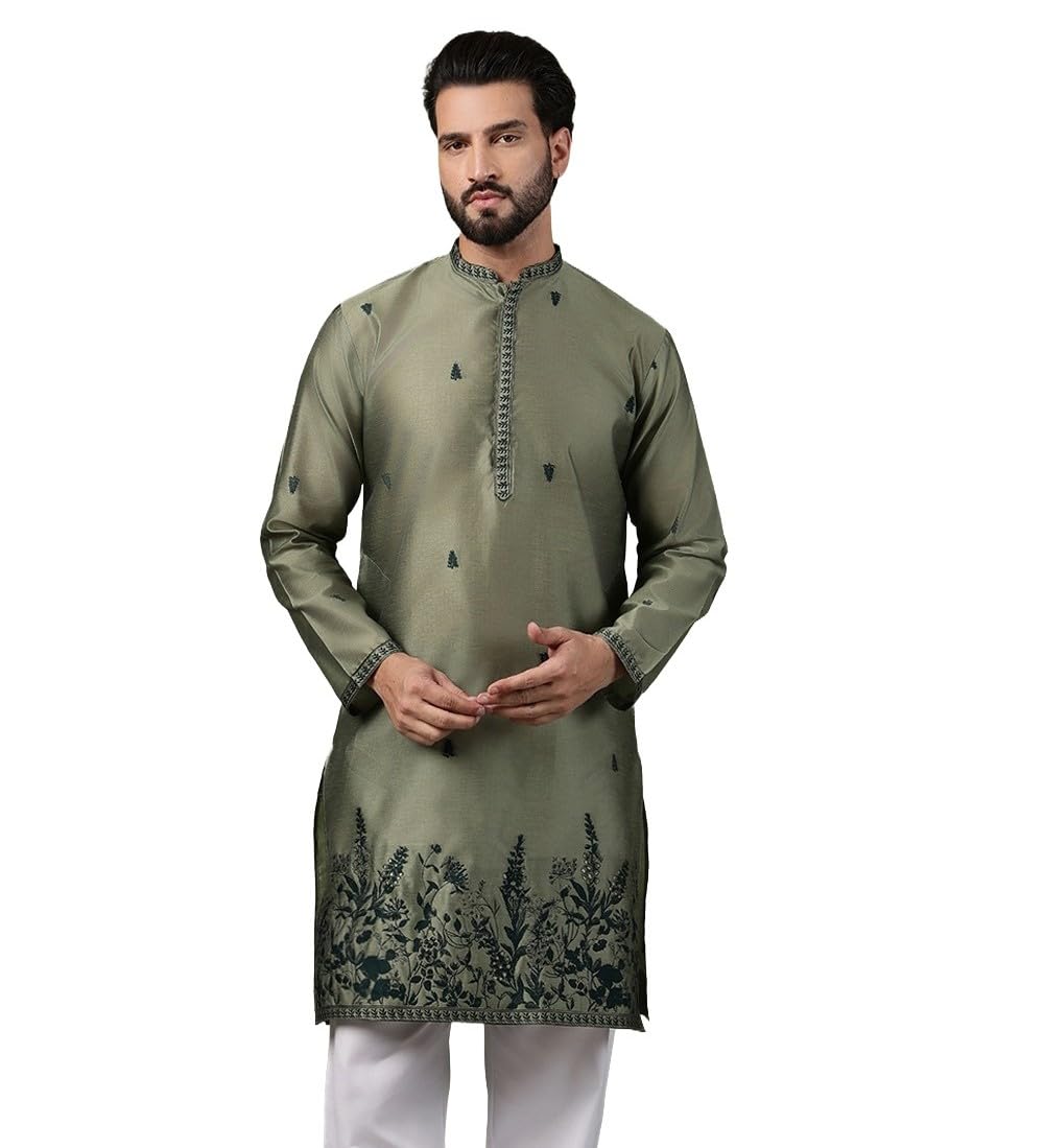 SOJANYA (Since 1958 Mens Jacquard Silk Mehndi Long Kurta with Embroidered Leaf Daman