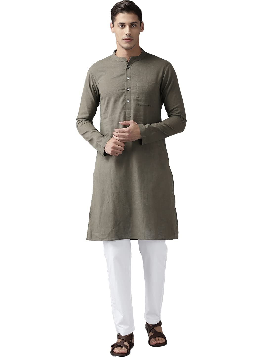 See Designs Khaki & White Cotton Regular Fit Kurta Set Madern Collar Stright Hem Side Full Sleeve Straght Kurta With Pyjama_Sdkt
