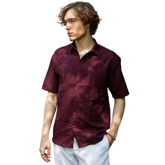 Campus Sutra Mens Wine Red Foliage-Tactile Shirt for Casual Wear | Spread Collar | Short Sleeve | Button Closure | Shirt Crafte