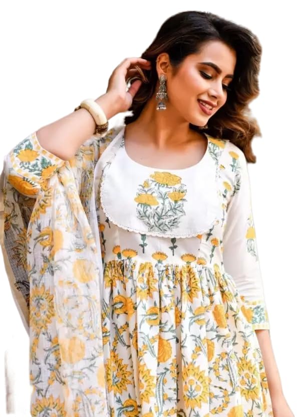 Fashion Basket Women's Cotton Printed White & Yellow Anarkali Kurta with Dupatta