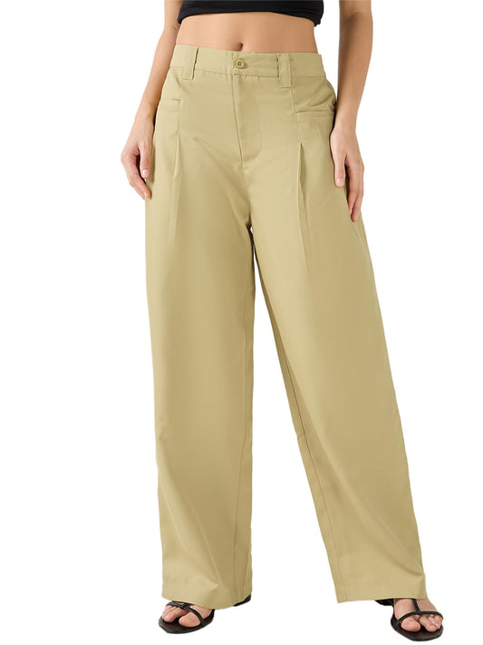 Bewakoof Womens Solid Oversized Fit Polyester Korean Pants_679400_Beige_S