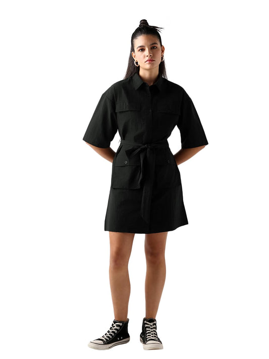 Bewakoof Womens Solid Regular Fit Half Sleeve Collar 100% Nylon Shirt Dress_645121_Black_M