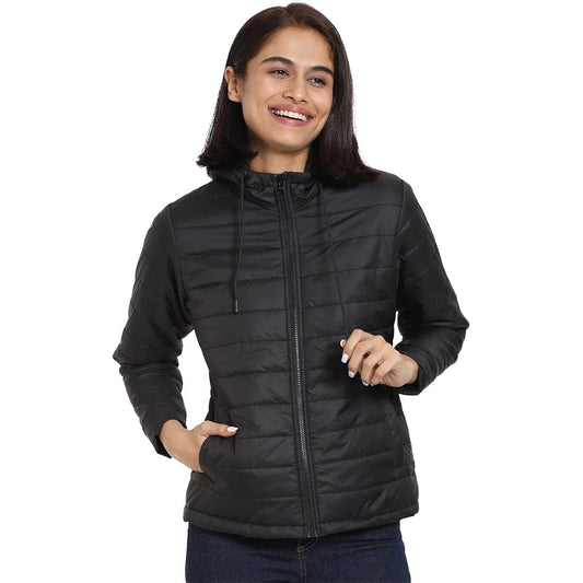 Bewakoof Womens Solid Relaxed Fit Full Sleeve Hooded Nylon Plus Size Puffer Jacket