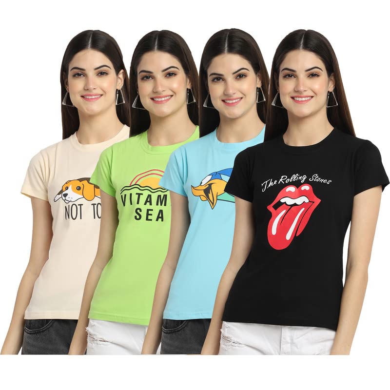 Preneum Womens Cotton Regular Fit Latest Graphic Stylish Printed Short Sleeves Casual T-Shirt || Latest Trendy & Styles (Pack 4