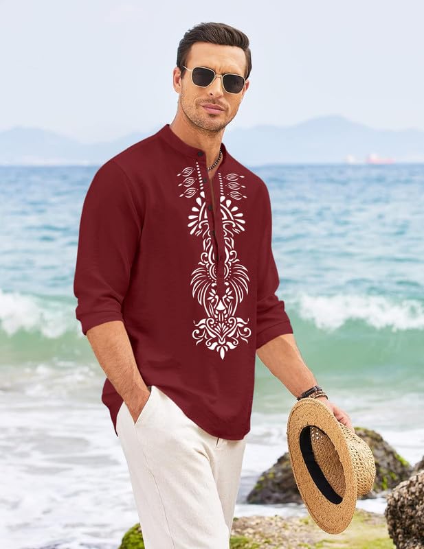 Finivo Fashion MenS Cotton Blend Short Kurta With Bold Printed Front Design | Full Sleeve Ethnic Casual Kurta With Mandarin Coll