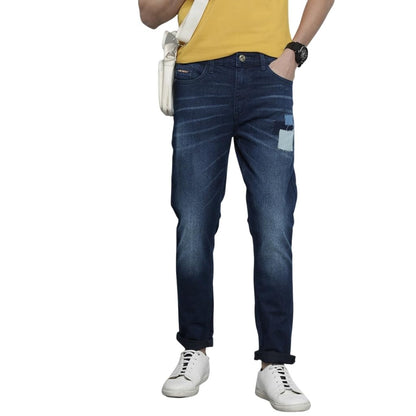 The Indian Garage Co Men Slim Fit Patched Mid-Rise Stretchable Jeans Blue