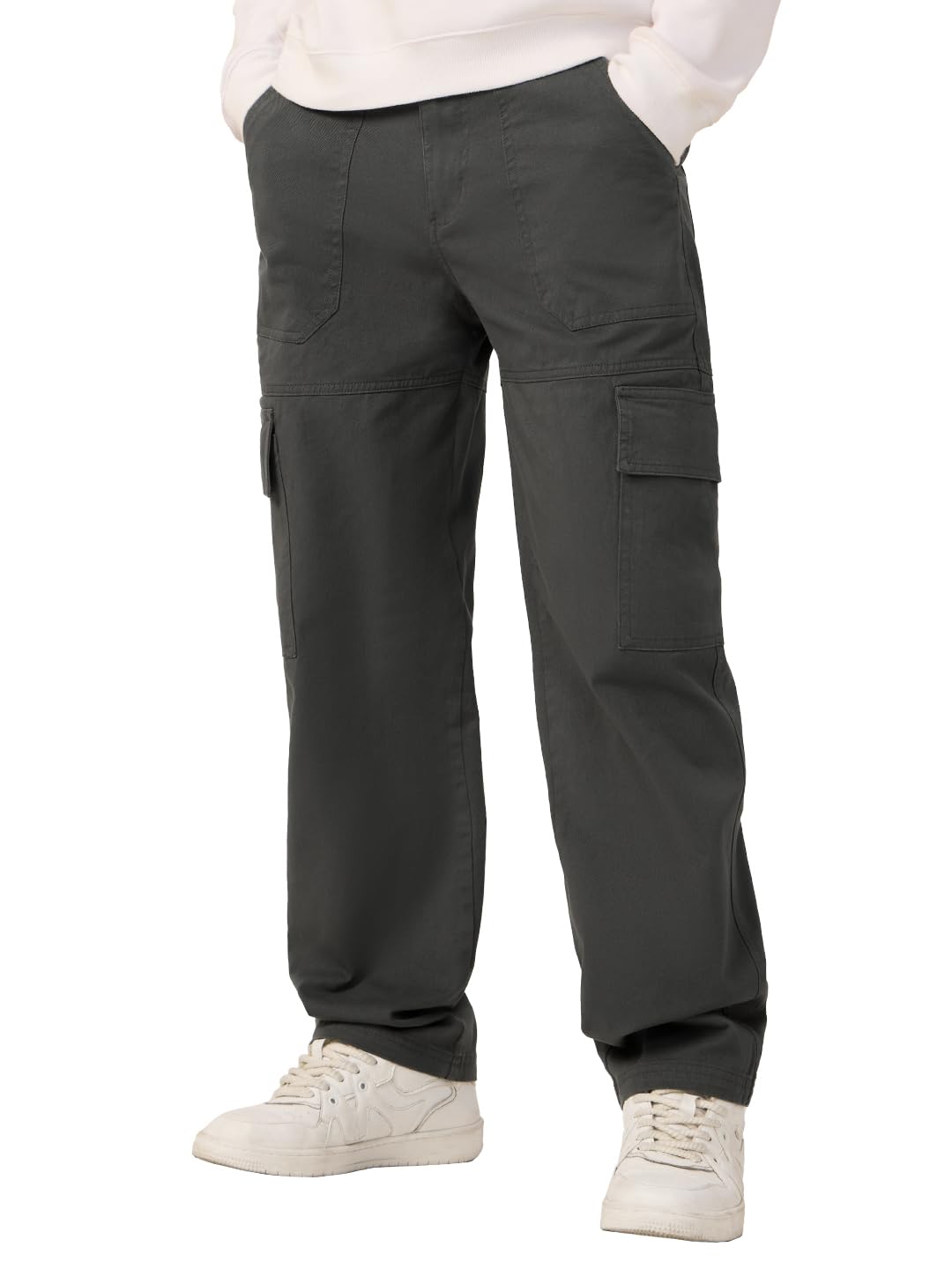 The Souled Store Solids: Charcoal Black Men and Boys Camo Print Regular Fit 100% Cotton Cargo Pants - Lightweight Joggers, Casua