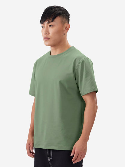 The Souled Store Solids: Mossy Green Men and Boys Short Sleeves Round Neck Regular Fit Cotton Blend T-Shirts