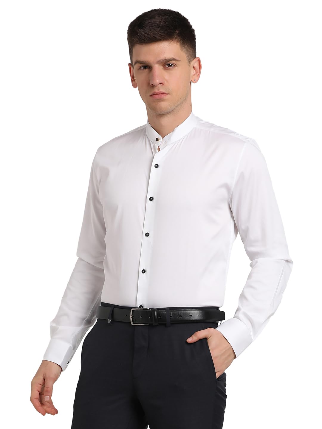 Turtle Men Cotton Stretch White Solid Slim Fit Ceremonial Shirt