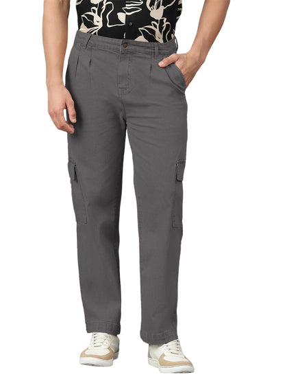 Kotty MenS Solid Mid Rise Straight Fit Stylish Looking Cargo Jeans(Grey,28)