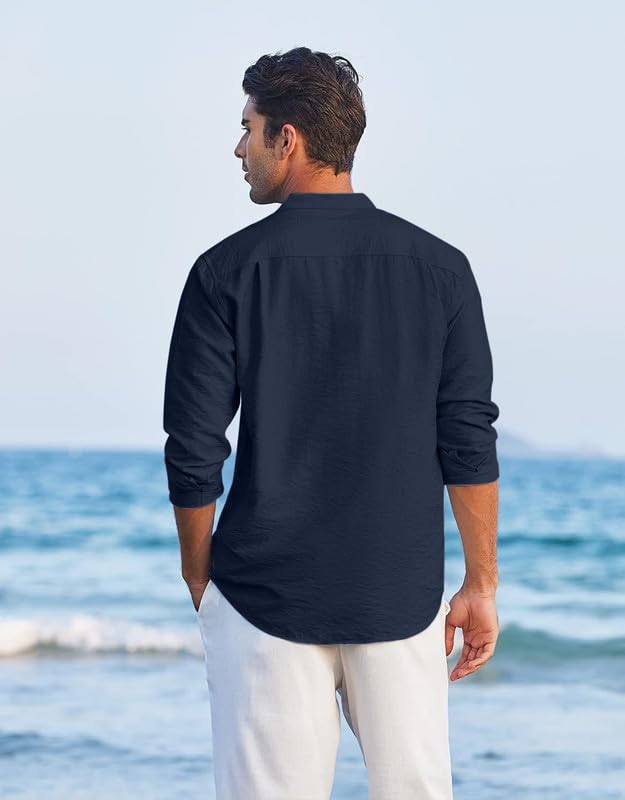 Macsivo MenS Casual Cotton Polyester Blend Long Sleeve Henley Short Kurta | Lightweight Summer Kurta Navy