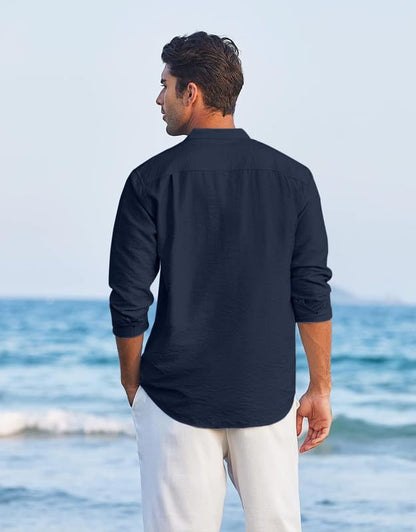 Macsivo MenS Casual Cotton Polyester Blend Long Sleeve Henley Short Kurta | Lightweight Summer Kurta Navy