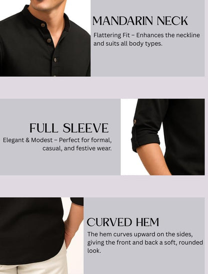 Deelmo MenS Cotton Blend Solid Regular Fit Full Sleeve Short Kurta | MenS Trendy Short Kurta Black