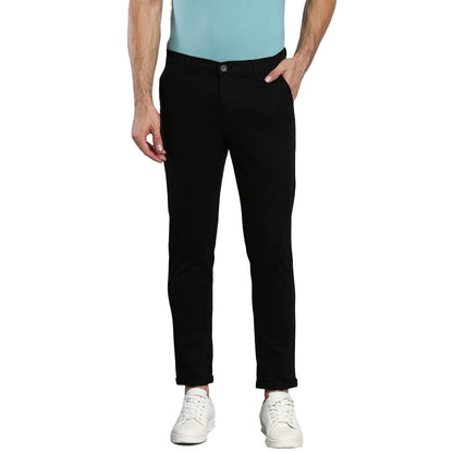 Dennis Lingo Mens Cotton Solid Casual Trousers, Tapered Fit, Mid Rise, Stretchable Ankle Length Chino Trousers Black