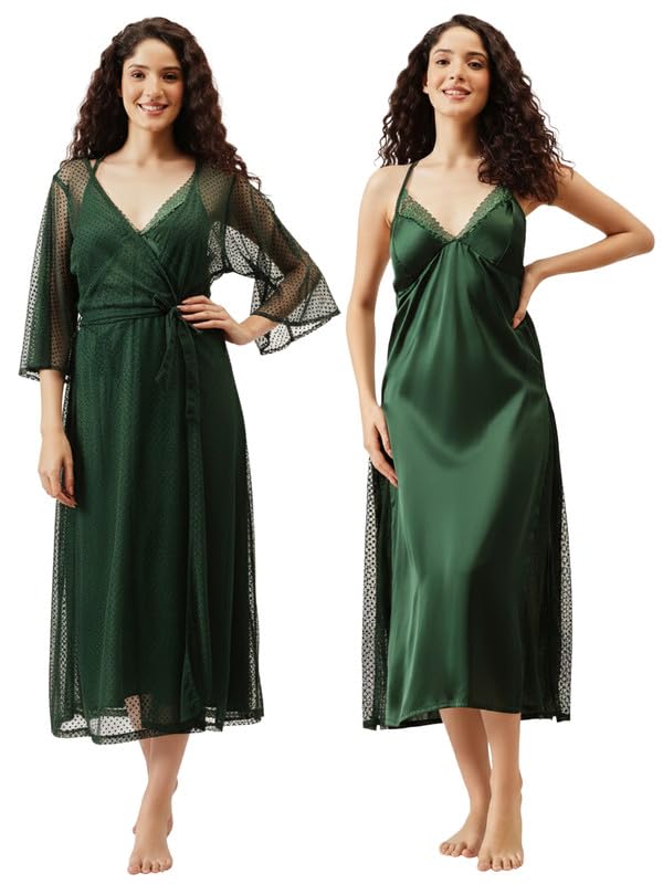 Clovia Womens Satin Nighty & Robe (NS1560P17_Green_S)